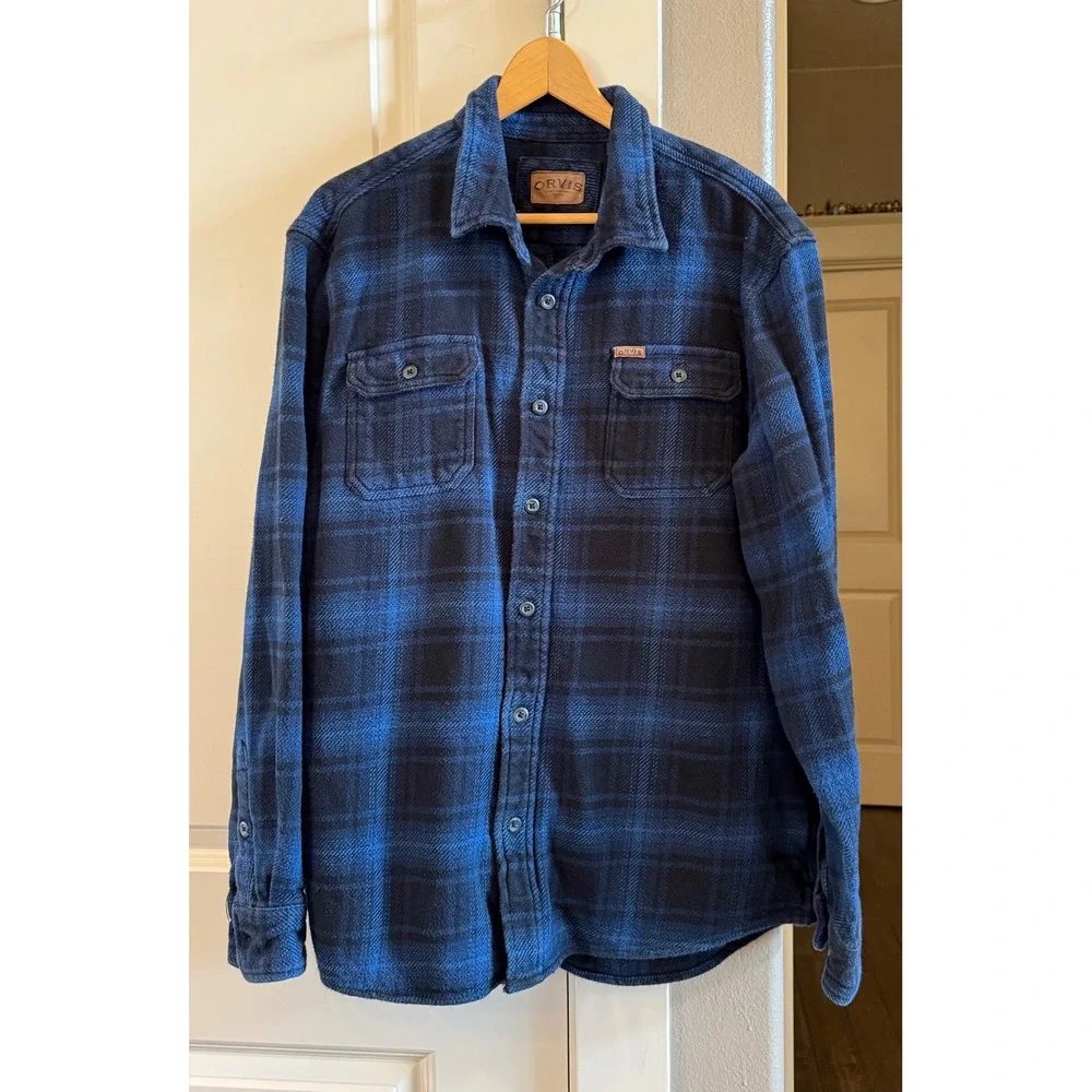 Orvis Mens XL Blue Black Plaid Flannel Shirt Jacket Heavyweight Cotton Shacket